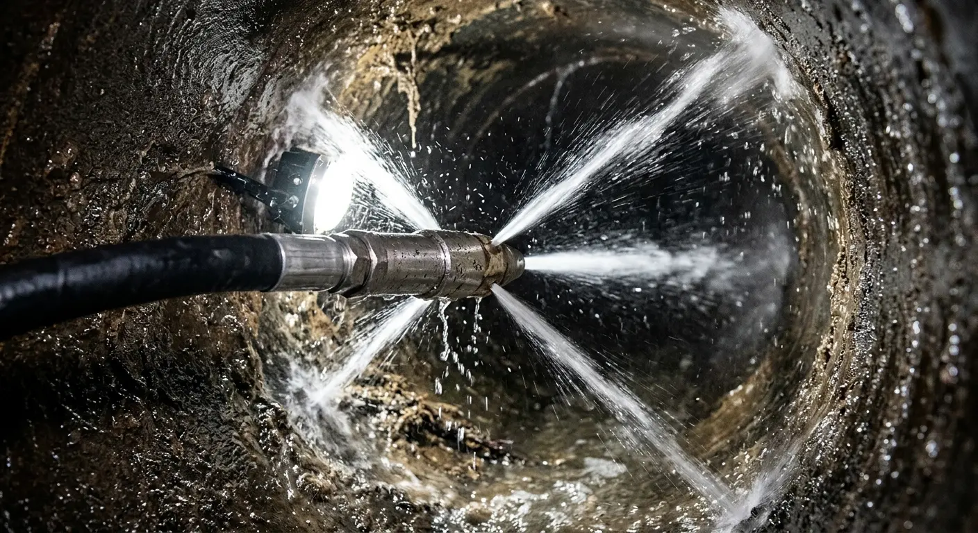 High-pressure hydro jetting nozzle cleaning sewer pipe for Trenchless Sewer Repair in Oakwood