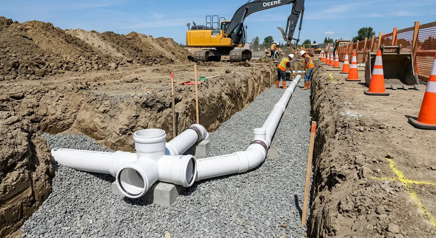 New PVC sewer pipe installation in open trench for Sewer Backup in Oakwood