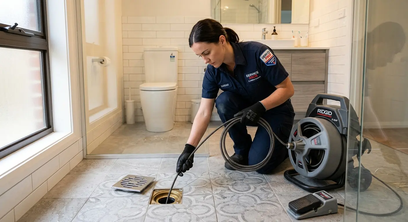 Technician clearing a bathroom floor drain for Sewer Line Installation in Oakwood